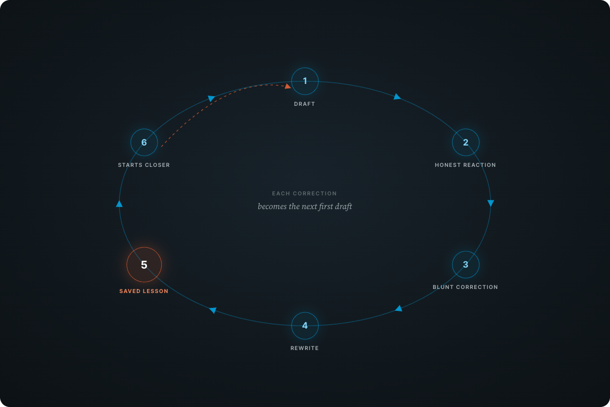 Six-node feedback loop: draft, honest reaction, blunt correction, rewrite, and a saved lesson, with an orange shortcut so the next draft starts closer.