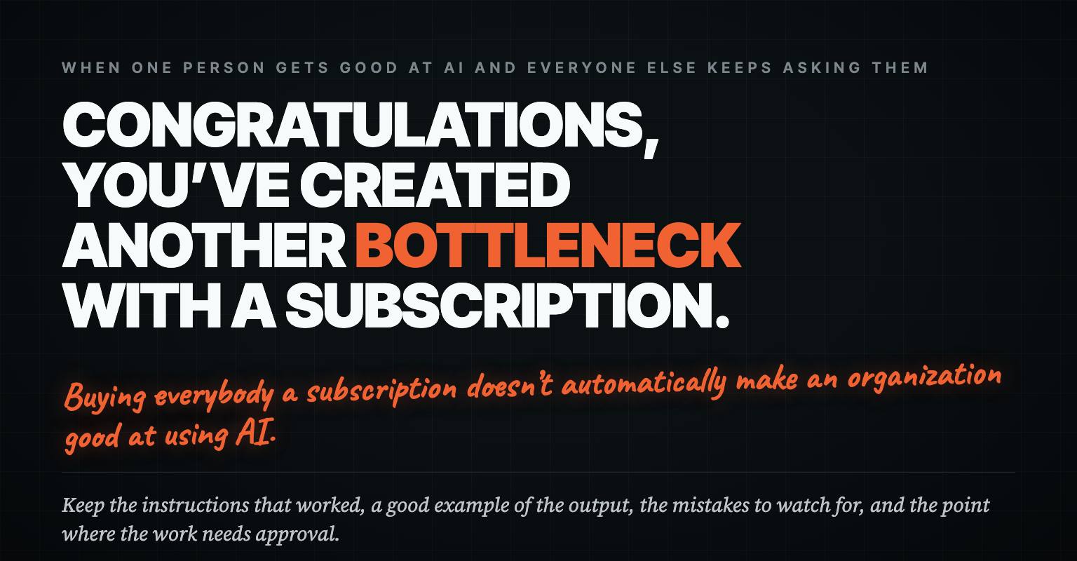 A quote card reading “Congratulations, you’ve created another bottleneck with a subscription,” with a handwritten note that buying everybody a subscription doesn’t automatically make an organization good at using AI.