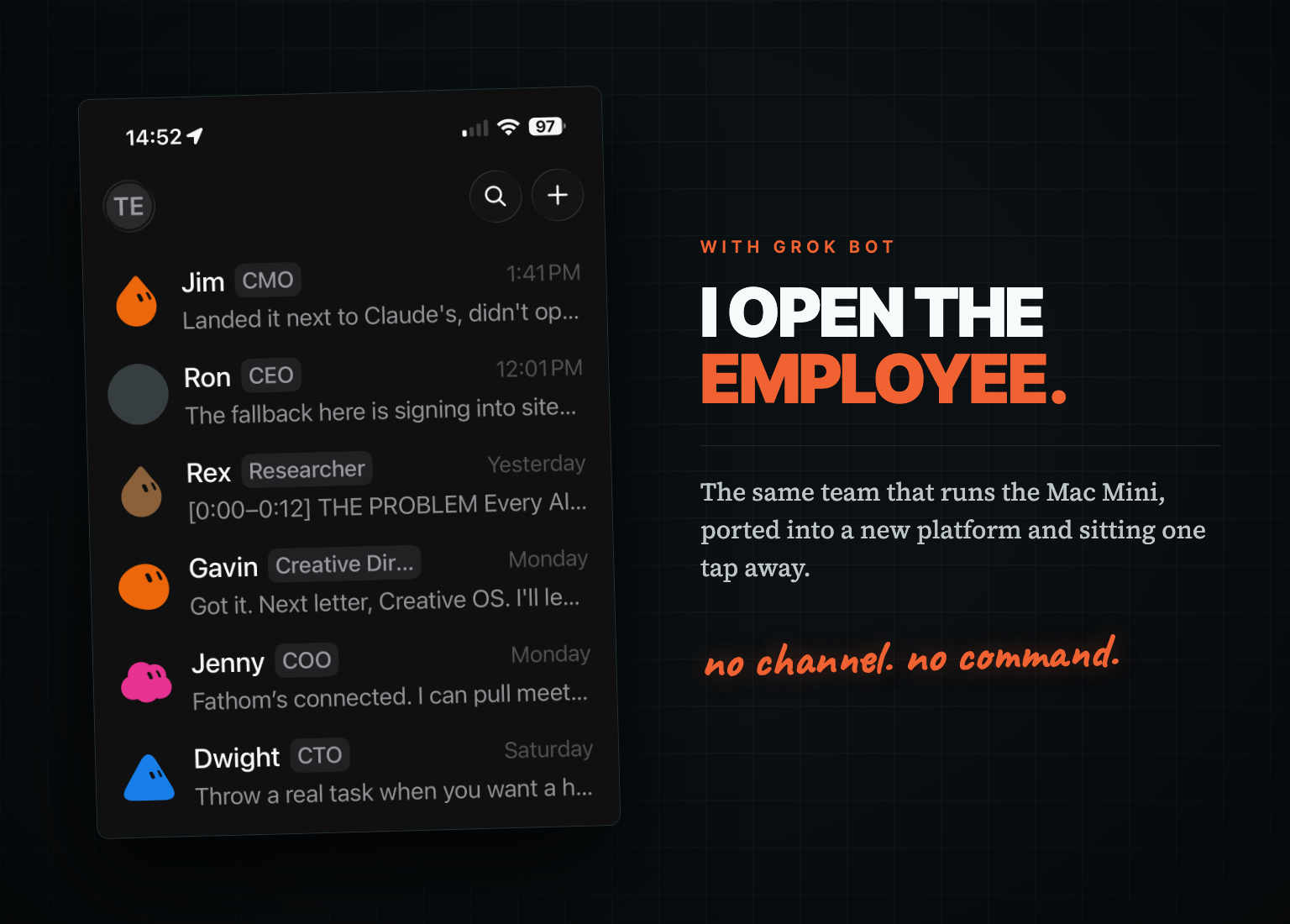 A phone screenshot of six named AI agents with job titles, each one tap away, beside the line 'I open the employee.'