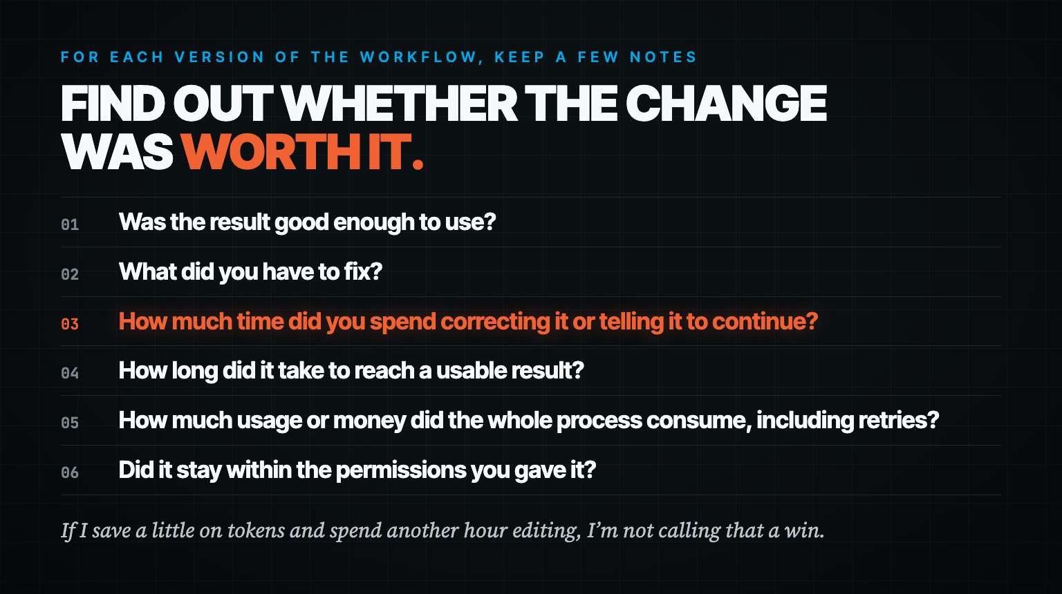 A scorecard of six questions for each version of a workflow: was it usable, what did you fix, how much time correcting it, time to a usable result, usage or money consumed, and whether it stayed within permissions.