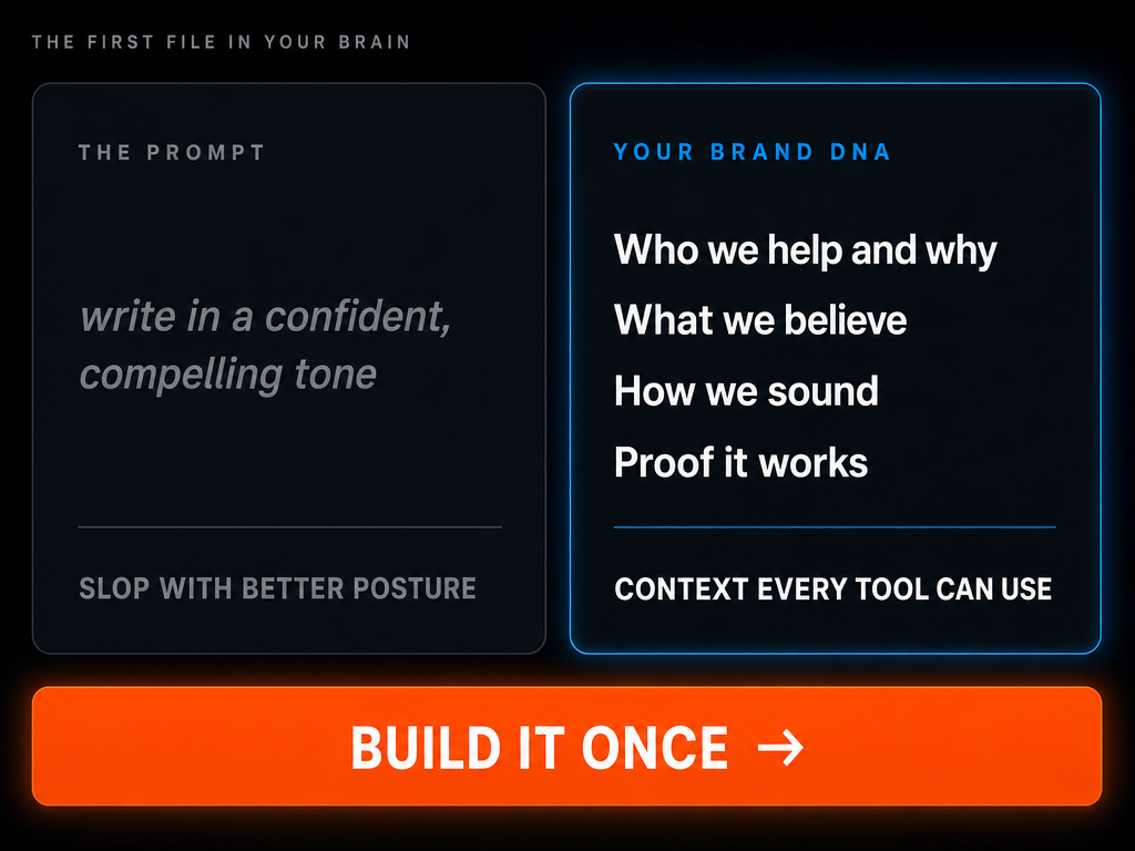 A muted generic prompt panel labeled 'slop with better posture' beside a glowing Brand DNA panel labeled 'context every tool can use,' with a 'Build it once' call to action.