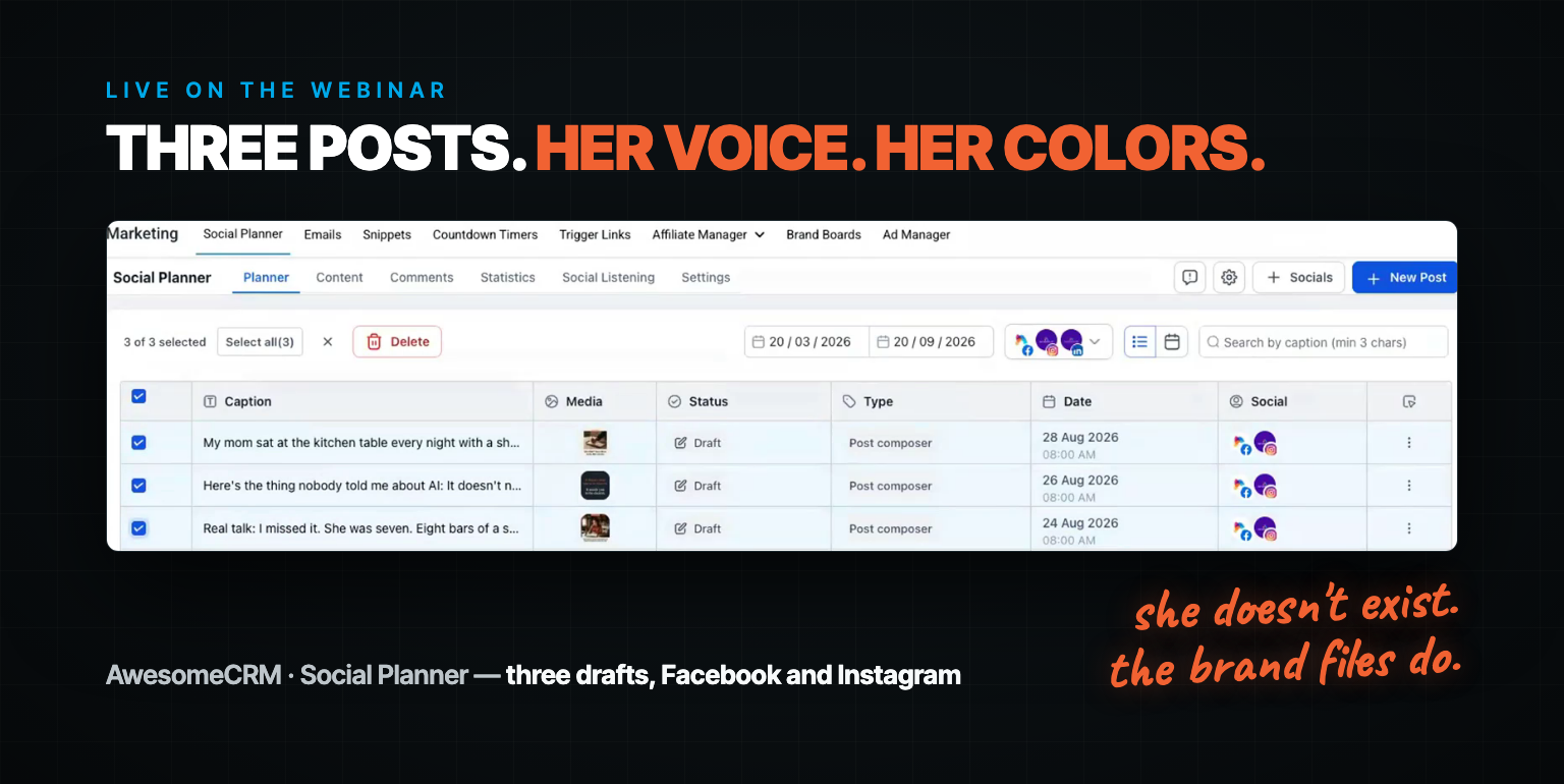 Three social posts drafted in the AwesomeCRM planner for a fictional coach, each with a branded graphic in her colors.